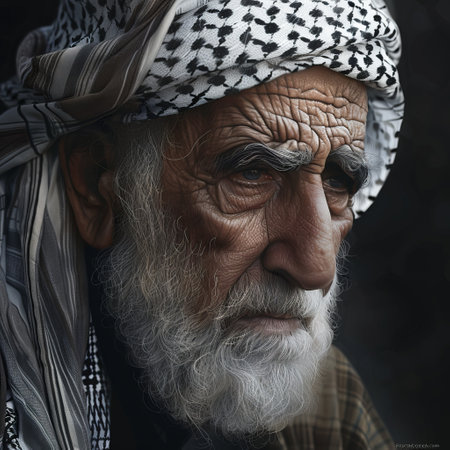 Portrait of an old man with a white beard in a headscarfの素材