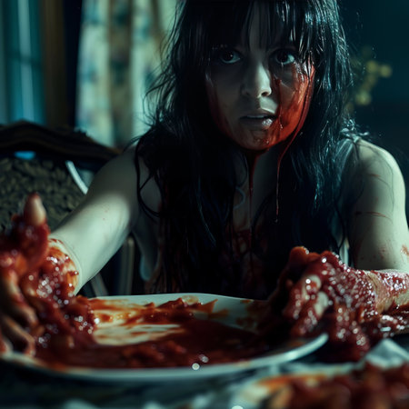 Bloody woman with blood on her face sitting at the table.の素材