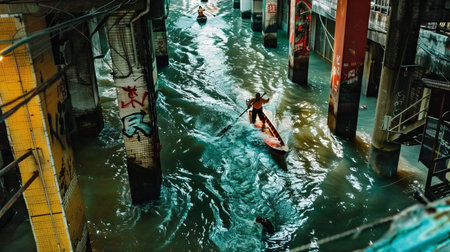 Unidentified people canoeing on the Chao Phraya River.の素材