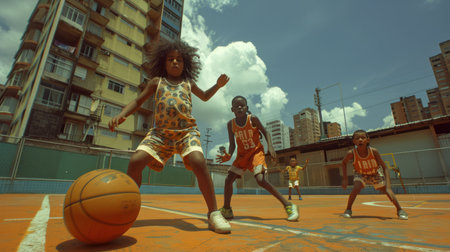 Group of african american boys and girls playing basketball on the courtの素材