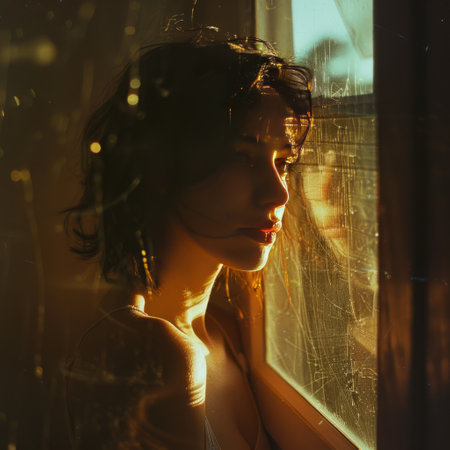 Beautiful young woman in underwear looking through the window at night.の素材