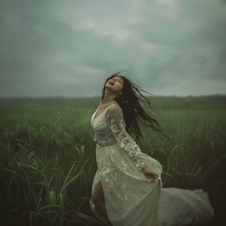 Beautiful girl in white dress in the field. Rainy dayの素材
