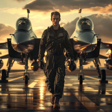 Air Force fighter jet pilot in full gear at the airshow.の素材
