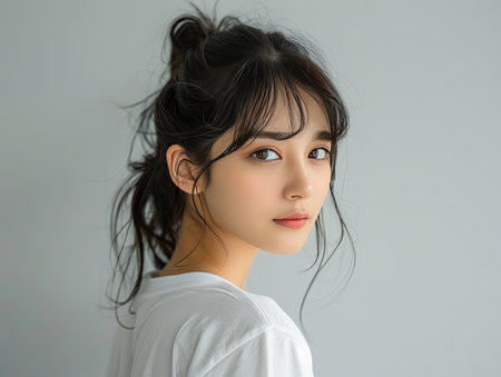 beautiful asian woman in white t-shirt on grey backgroundの素材