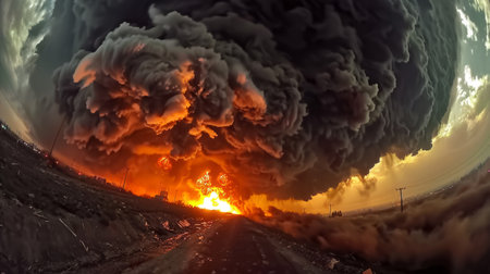 Fiery explosion on the road at night with smoke in the skyの素材