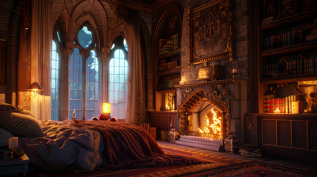 3D rendering of the interior of an old castle with a beautiful fireplaceの素材
