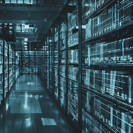 Server room data center with binary code. 3d rendering toned imageの素材