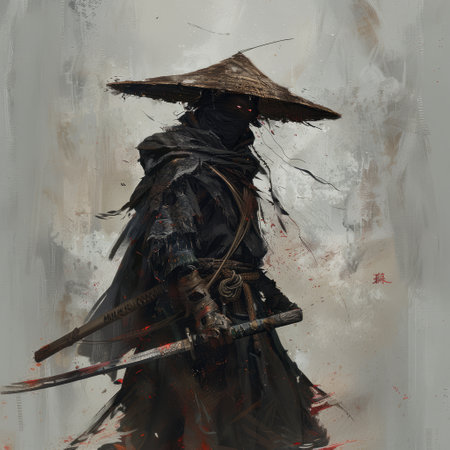 Asian witch with a sword in her hand and a hat on her headの素材