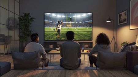 Rear view of friends watching football match on tv in living roomの素材