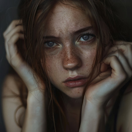 Close up portrait of a sad young woman with freckles.の素材
