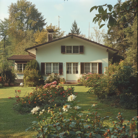 Vintage photo of a house in the middle of the garden.の素材