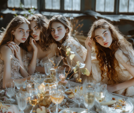 Three beautiful young women sitting at the table in the restaurant. Fashion photo.の素材