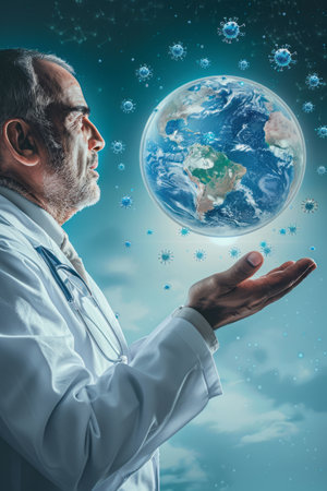 Senior doctor in white coat holding Earth planet. Elements of this image are furnished by NASAの素材