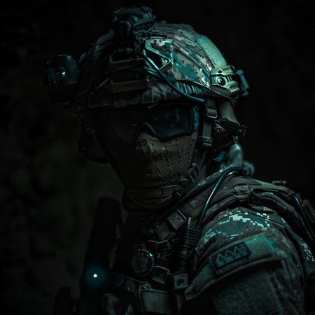Portrait of a special forces soldier in full gear on dark backgroundの素材