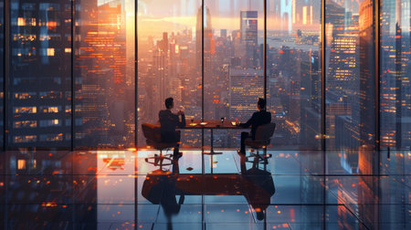 Businessman and businesswoman sitting at table in modern office interior with panoramic city view. Meeting and teamwork concept. Double exposureの素材
