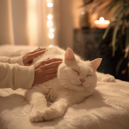 Woman stroking cat on bed at home, closeup. Cozy atmosphereの素材