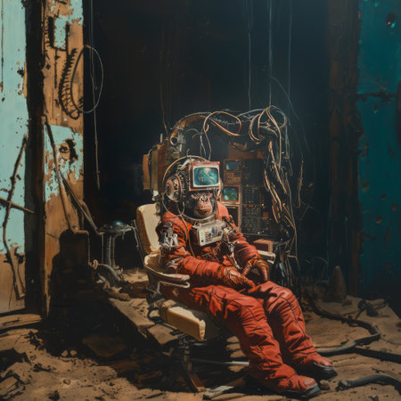 Spaceman in an astronaut's suit sits in an old abandoned spaceship.の素材