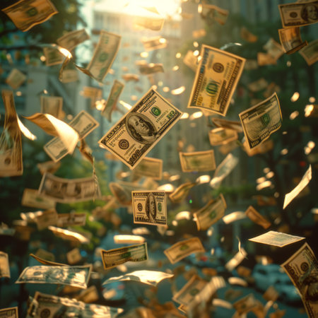 Dollar banknotes flying in the air in the city at sunsetの素材