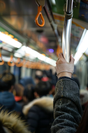 Hands of a woman in a subway car. Blurred backgroundの素材