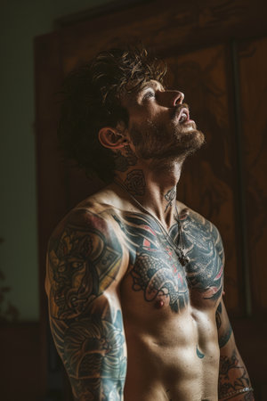 Portrait of a handsome man with tattoos on his body and beardの素材