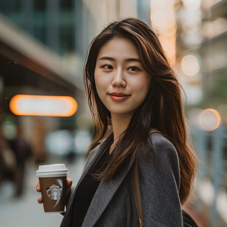 Beautiful asian business woman holding coffee cup in the city.の素材