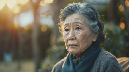 Portrait of an elderly asian woman in the park at sunsetの素材