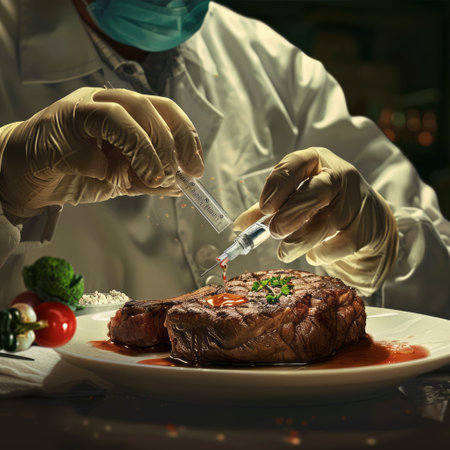 The chef in the white coat is injecting meat with a syringeの素材