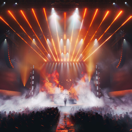 Concert crowd in front of a bright stage with lights and smokeの素材