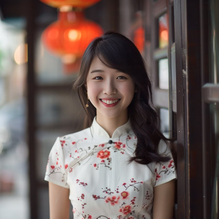 Portrait of thai china adult beautiful girl White shirt relax and smileの素材