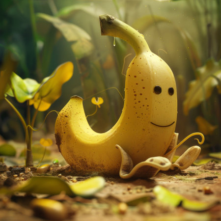 Funny yellow banana with a smiley face on the background of the gardenの素材