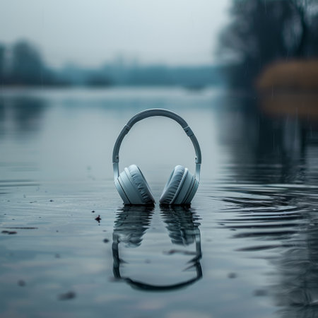 White headphones on the surface of the water. Rainy day.の素材