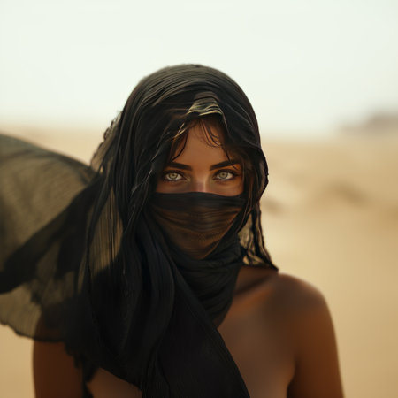 Portrait of a beautiful young woman in the desert with black veilの素材