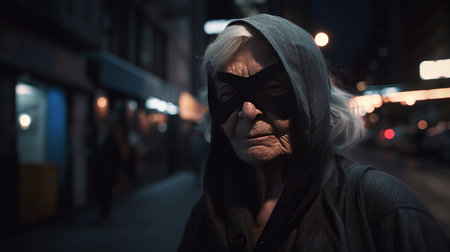 Portrait of an elderly woman in a mask on a city street at nightの素材