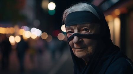 Portrait of an elderly woman in a mask on the street at nightの素材