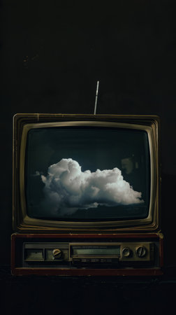 Retro TV with a cloud on the screen. Dark background.の素材