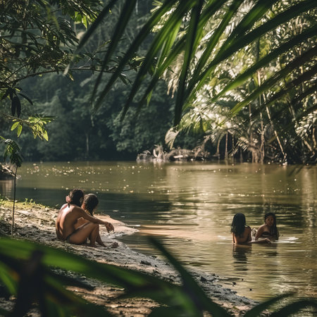 Group of young people bathing in the river. Bali, Indonesiaの素材