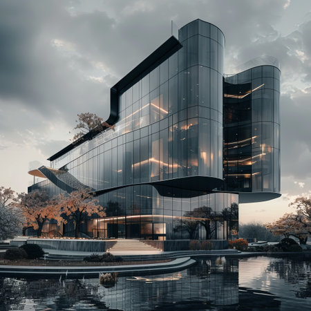 3D render of a modern office building in the evening with reflectionの素材