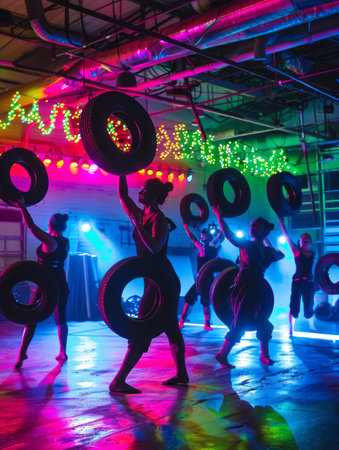 Group of young people dancing in the night club with colorful lights.の素材