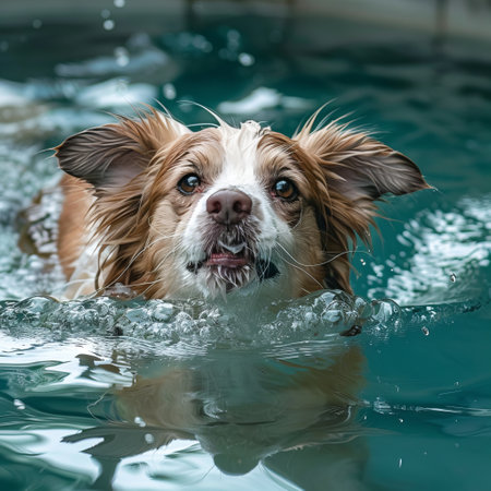 Portrait of a cute mixed breed dog swimming in the pool.の素材