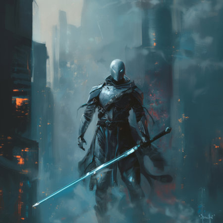 Fantasy scene with a knight in armor and a sword in his handsの素材