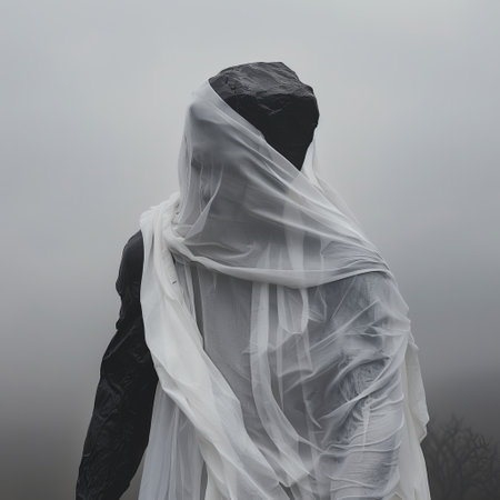 Silhouette of a woman in a white veil on a foggy dayの素材