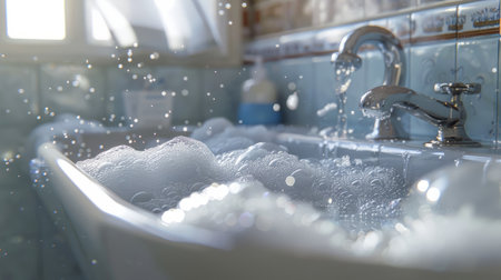 Bathtub with foam and water in the bathroom, shallow depth of fieldの素材