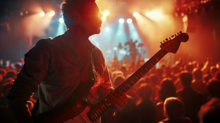 Guitarist in front of the crowd at a live music concertの素材