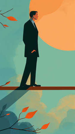 Businessman standing on the bridge in front of the sun, vector illustrationの素材