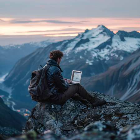 Man with laptop sitting on the top of a mountain and watching the sunsetの素材
