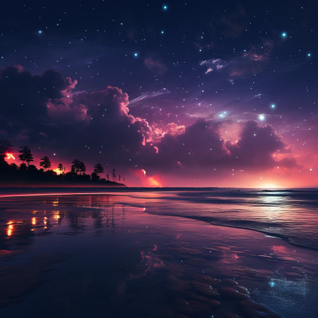 Beautiful sunset over the sea with clouds and starry sky.の素材