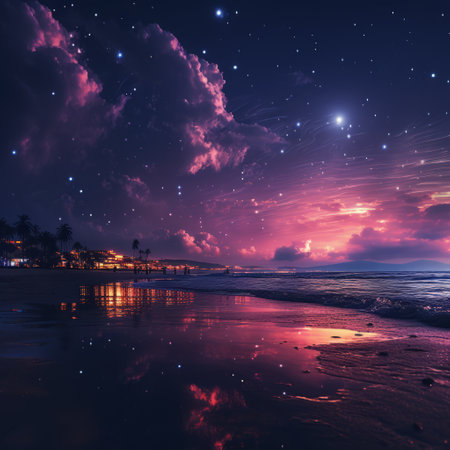 Beautiful seascape at sunset with stars and clouds. Collage.の素材