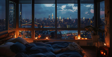 Double bed with a view of the city at night from the windowの素材