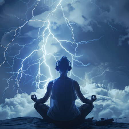 Young man meditating in lotus pose on stormy sky backgroundの素材