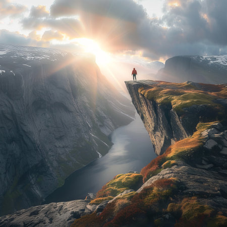 Man standing on the edge of a cliff and looking at the sunsetの素材